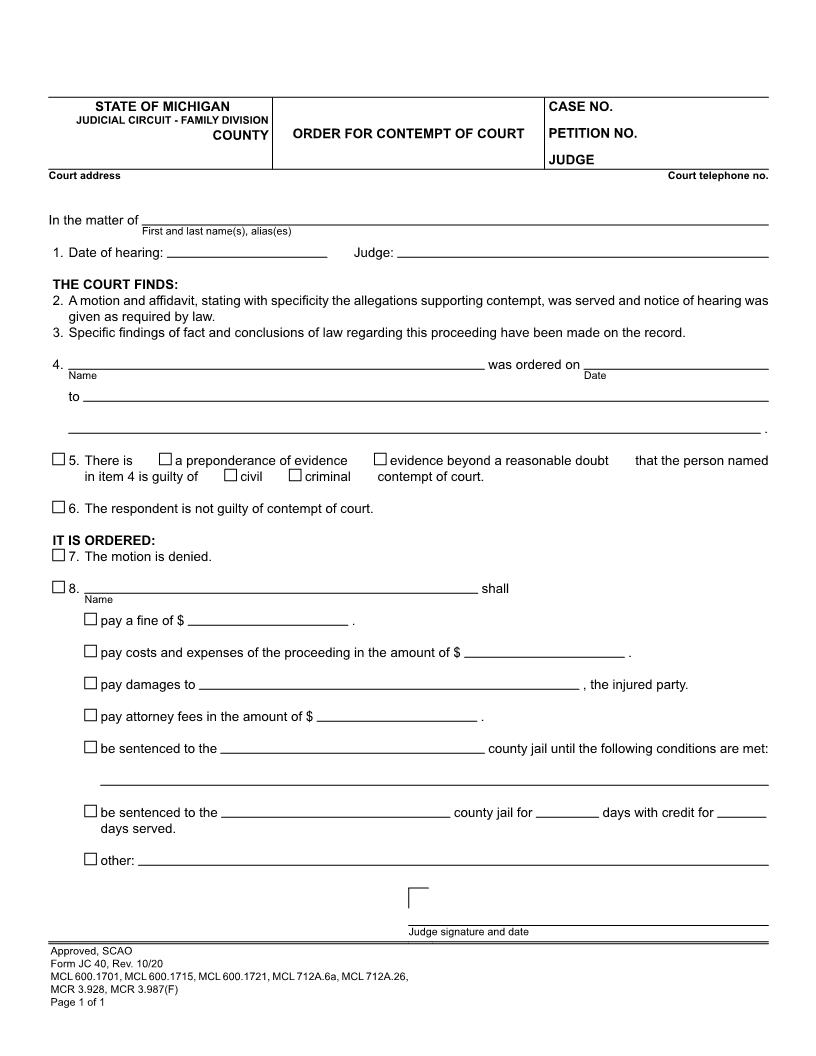 Order For Contempt Of Court {JC 40} | Pdf Fpdf Doc Docx | Michigan