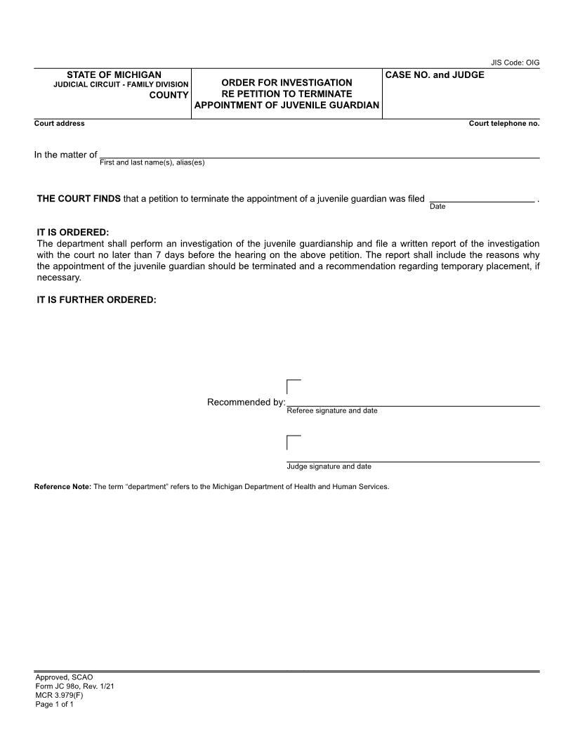 Order For Investigation Re Petition To Terminate Appointment Of Juvenile {JC 98o}  | Pdf Fpdf Docx | Michigan