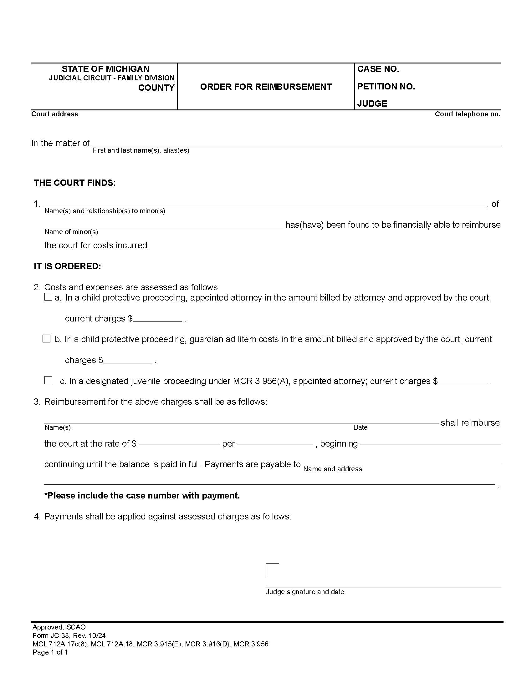 Order For Reimbursement {JC 38} | Pdf Fpdf Doc Docx | Michigan