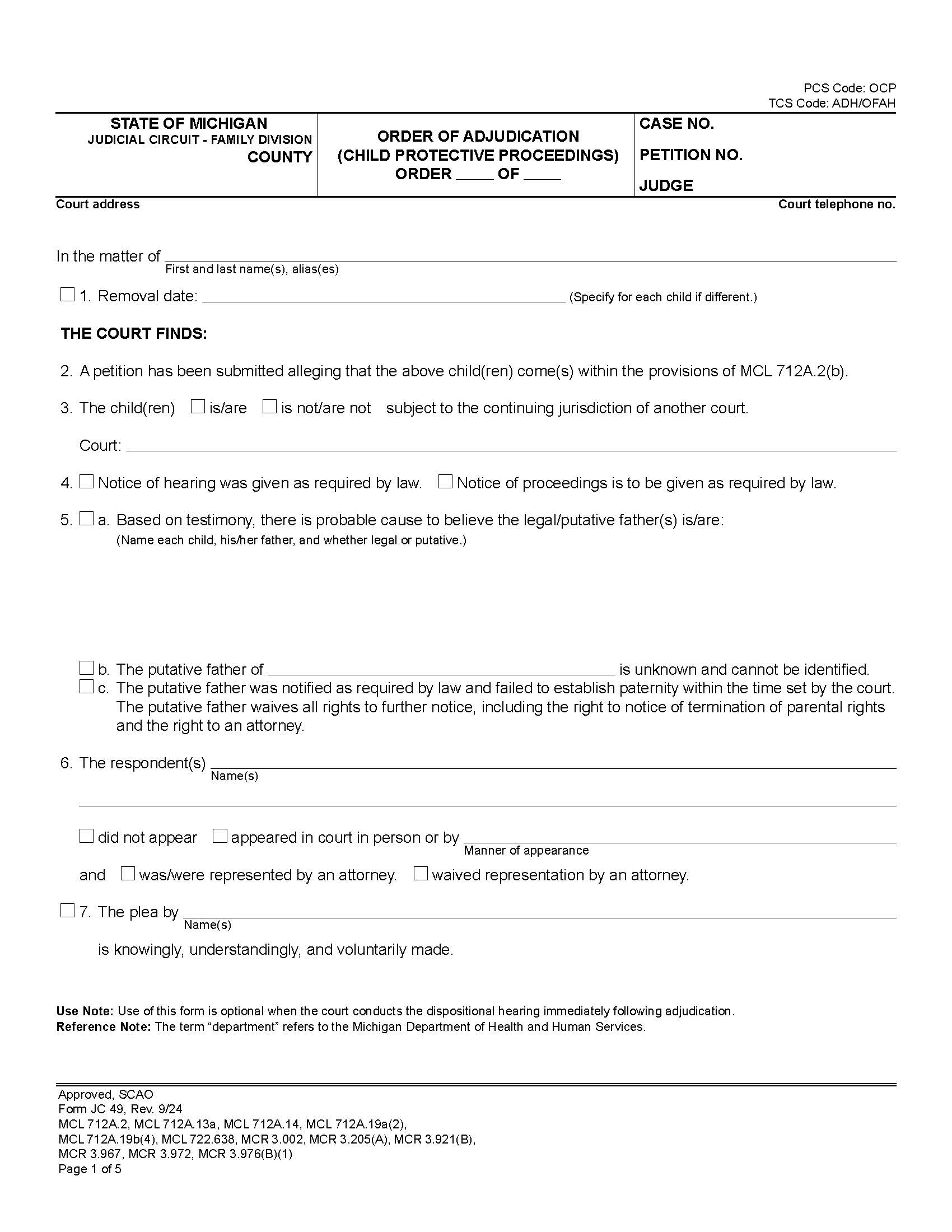Order Of Adjudication (Child Protective Proceedings) {JC 49} | Pdf Fpdf Docx | Michigan