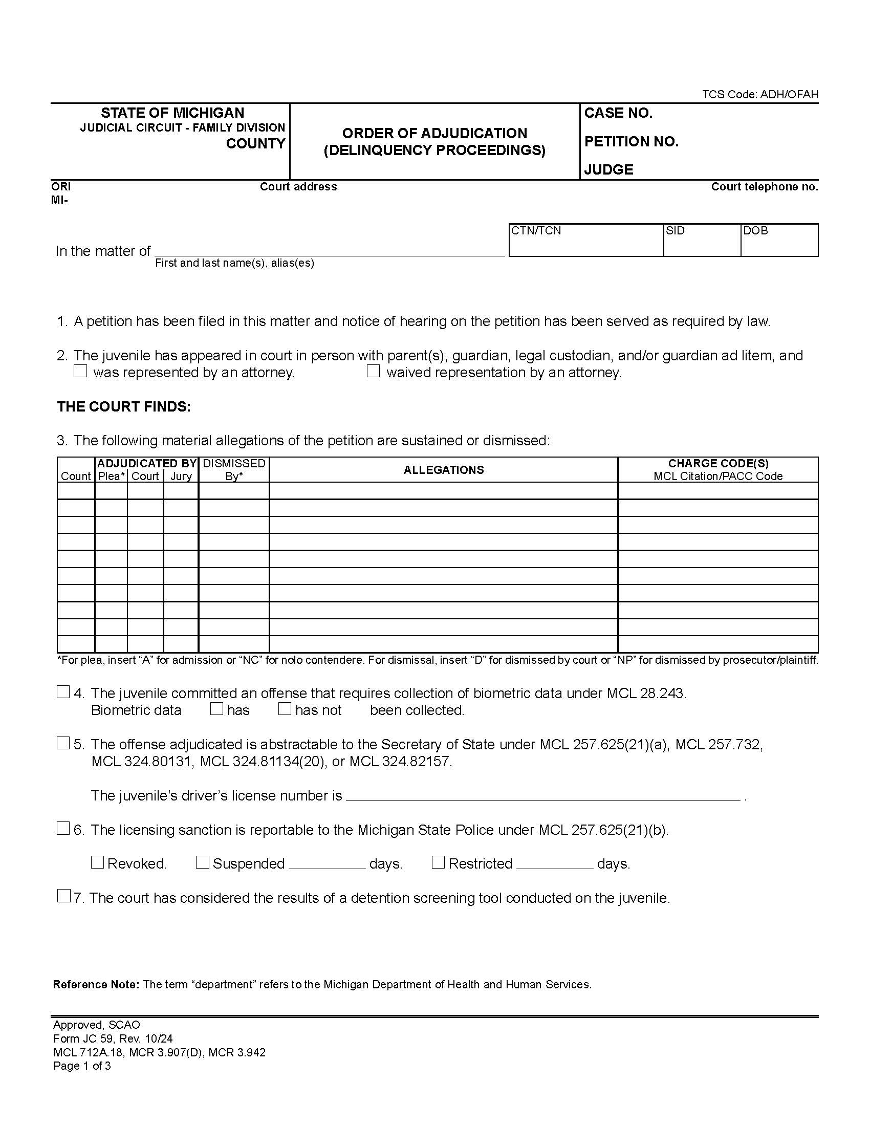 Order Of Adjudication (Delinquency Proceedings) {JC 59} | Pdf Fpdf Docx | Michigan