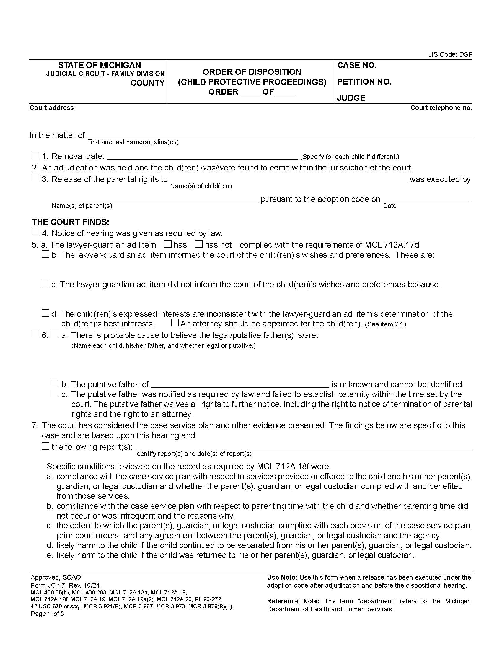 Order Of Disposition (Child Protective Proceedings) {JC 17} | Pdf Fpdf Docx | Michigan