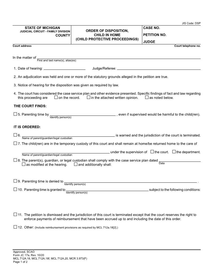 Order Of Disposition, Child In Home (Child Protective Proceedings) {JC 17a} | Pdf Fpdf Doc Docx | Michigan
