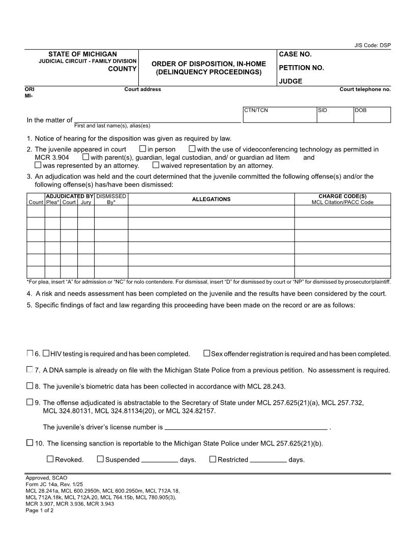 Order Of Disposition, In-Home (Delinquency Proceedings) {JC 14a} | Pdf Fpdf Docx | Michigan