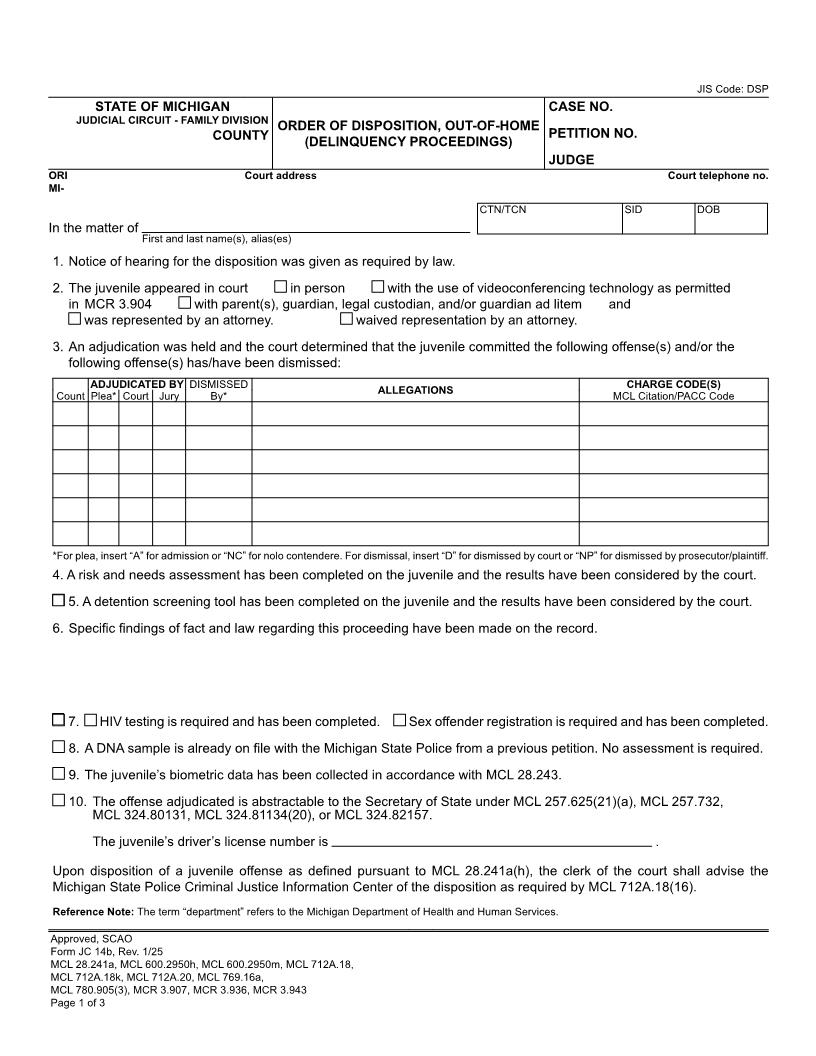 Order Of Disposition, Out-Of-Home (Delinquency Proceedings) {JC 14b} | Pdf Fpdf Docx | Michigan