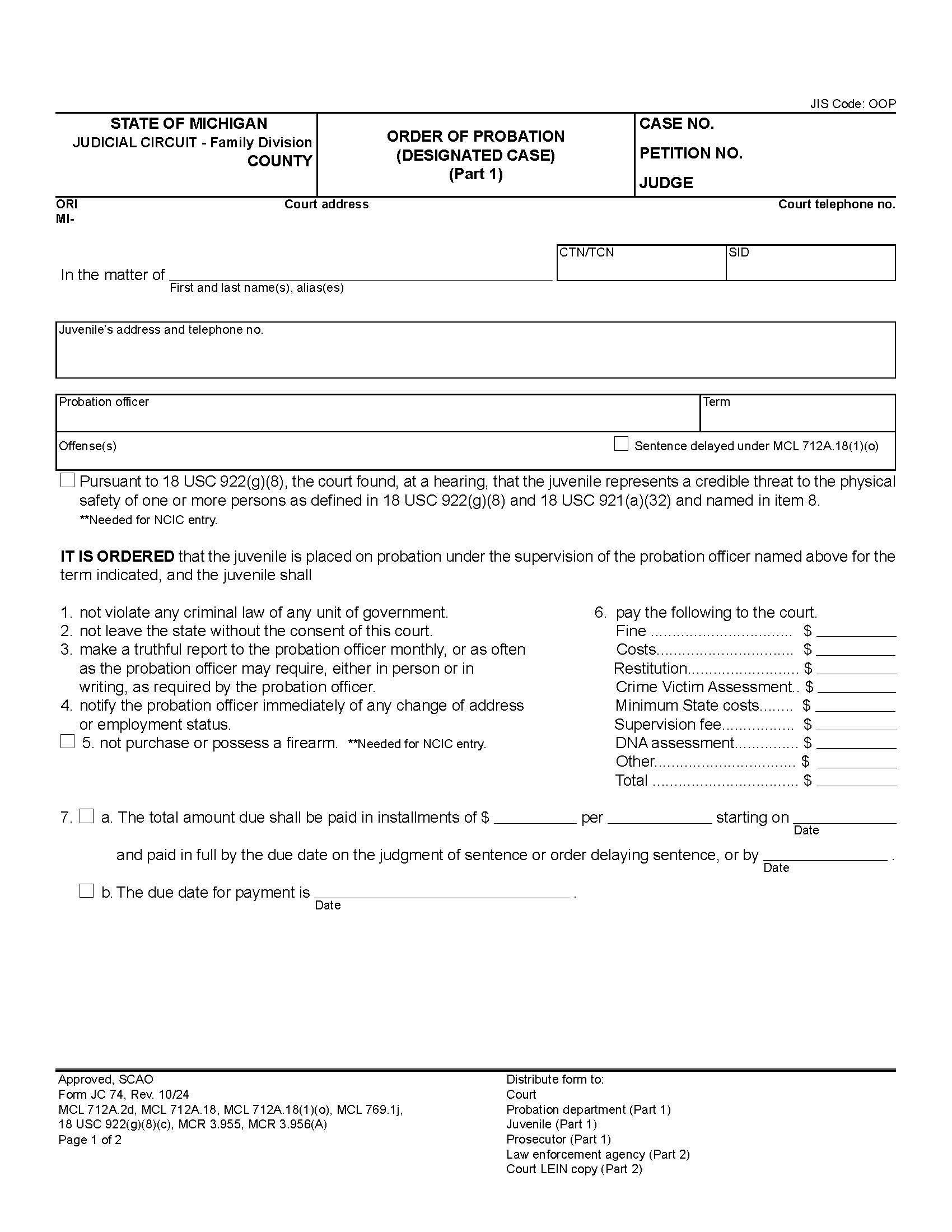 Order Of Probation (Designated Case) {JC 74} | Pdf Fpdf Docx | Michigan