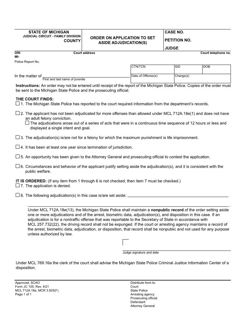 Order On Application To Set Aside Adjudication {JC 105} | Pdf Fpdf Docx | Michigan