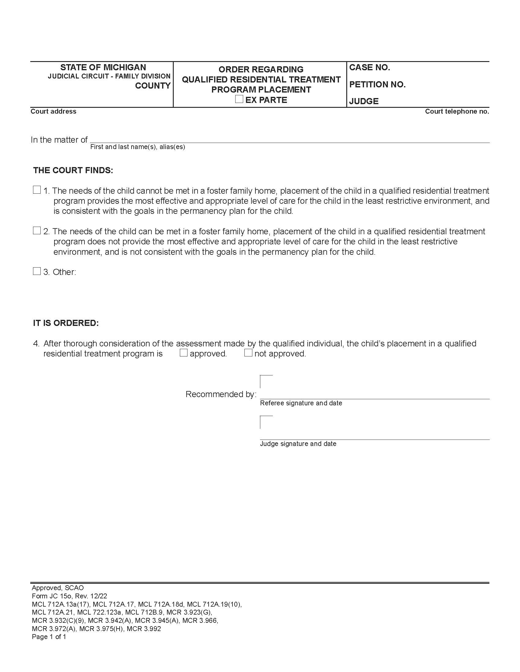 Order Regarding Qualified Residential Treatment Program Placement {JC 15o} | Pdf Fpdf Docx | Michigan