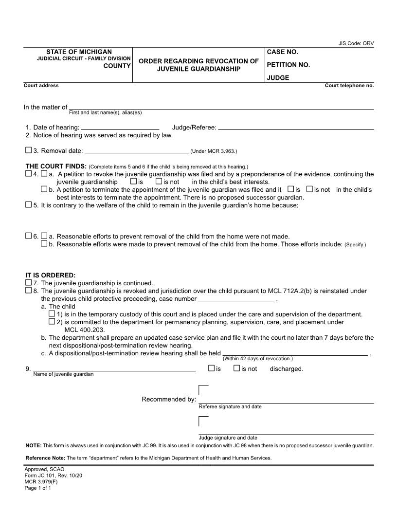 Order Regarding Revocation Of Juvenile Guardianship {JC 101} | Pdf Fpdf Doc Docx | Michigan