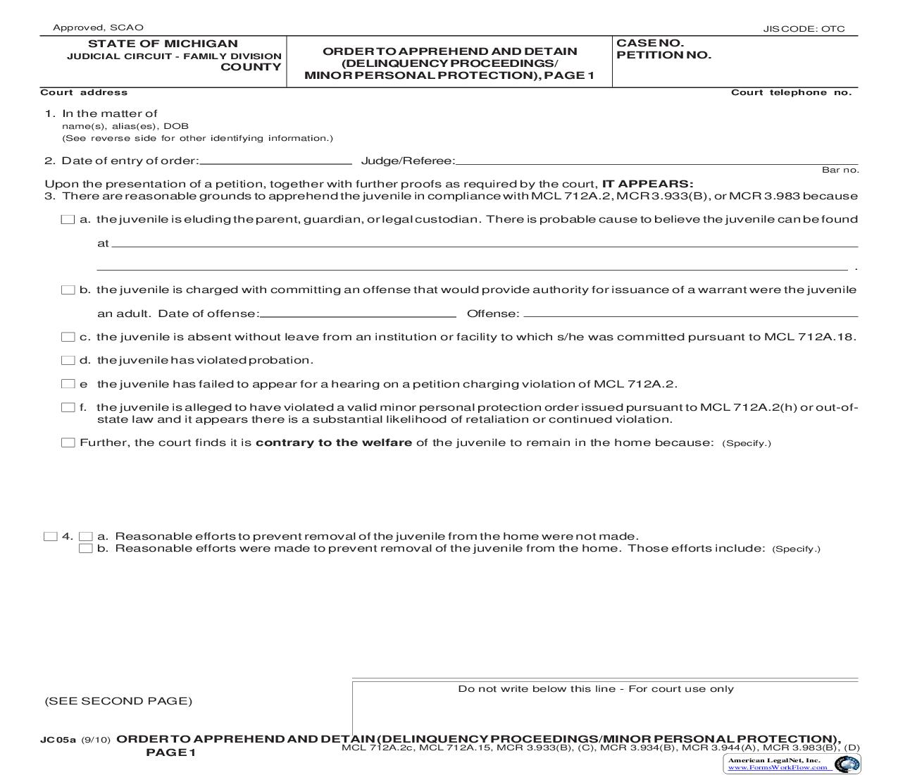 Order To Apprehend And Detain (Delinquency Proceedings Or Minor Personal Protection) {JC 05a} | Pdf Fpdf Doc Docx | Michigan