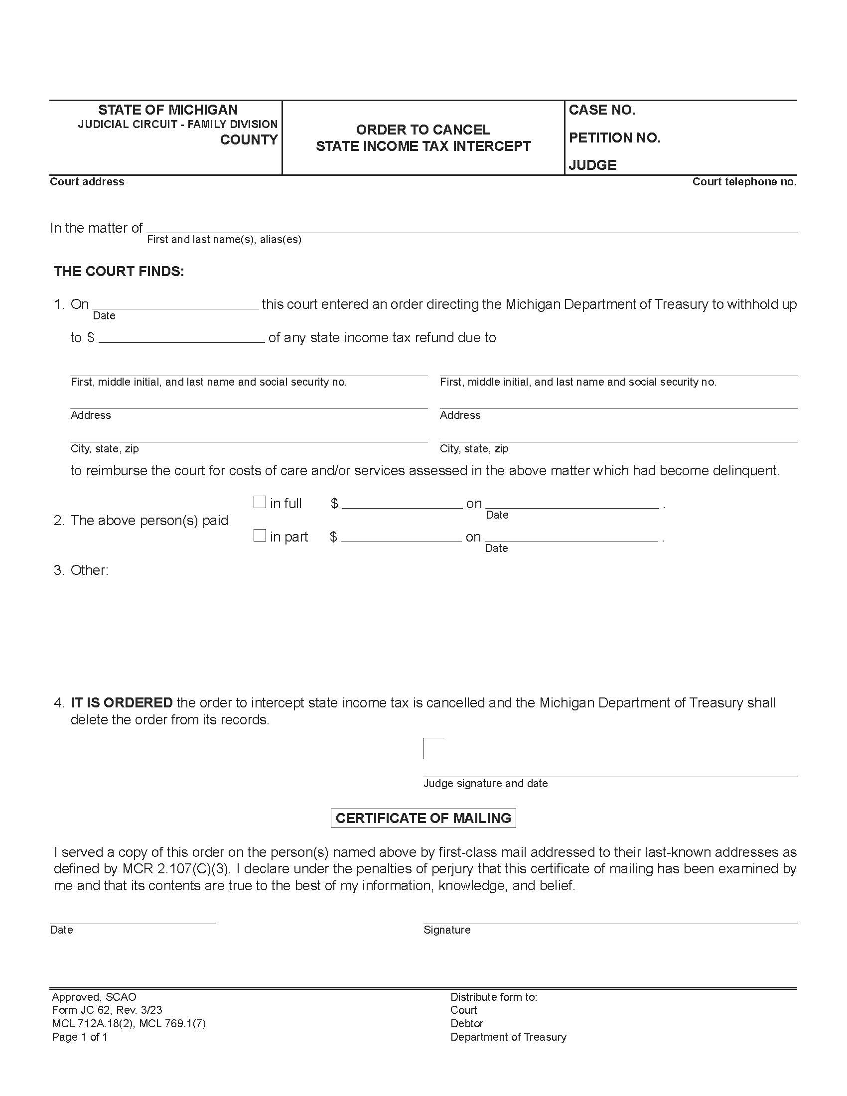 Order To Cancel State Income Tax Intercept {JC 62} | Pdf Fpdf Doc Docx | Michigan