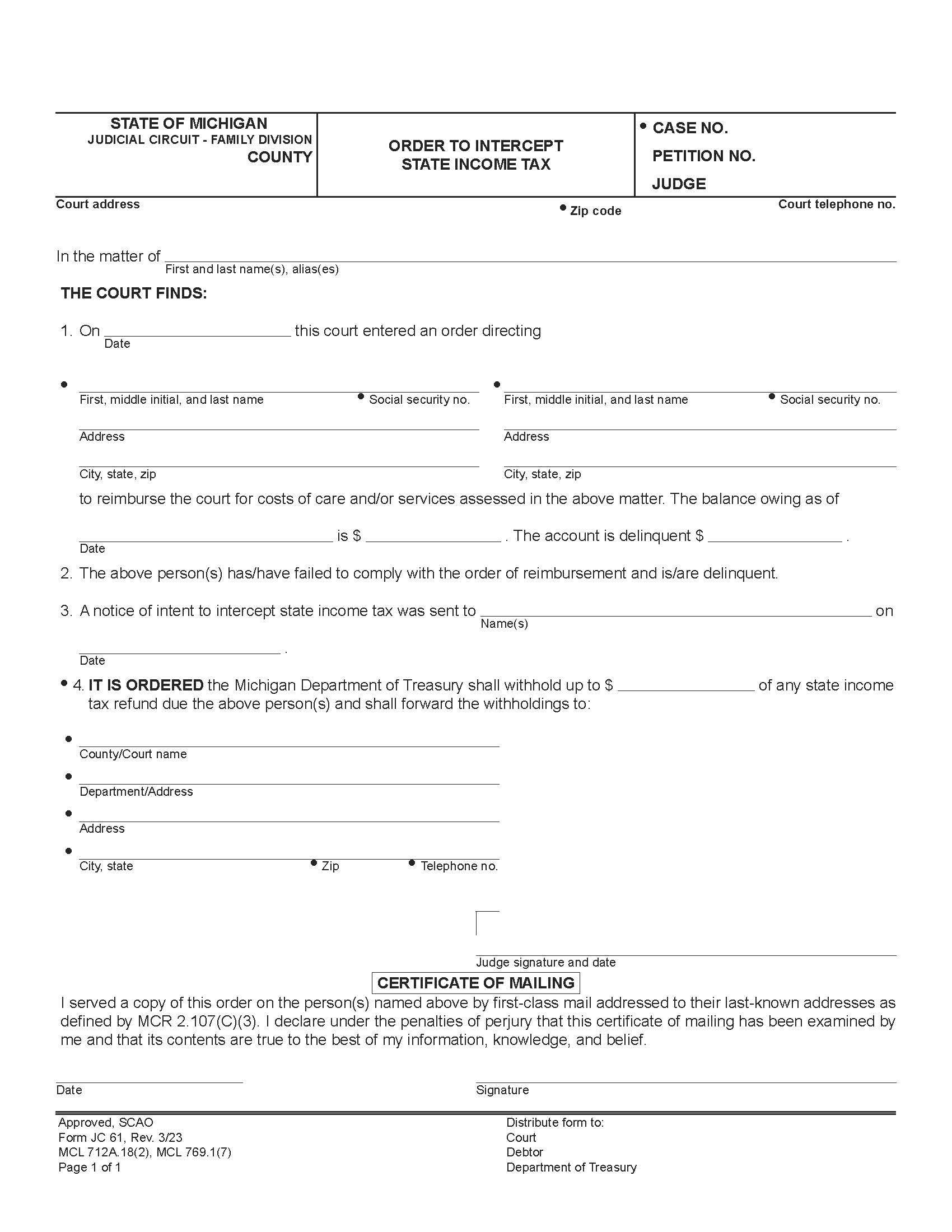Order To Intercept State Income Tax {JC 61} | Pdf Fpdf Doc Docx | Michigan