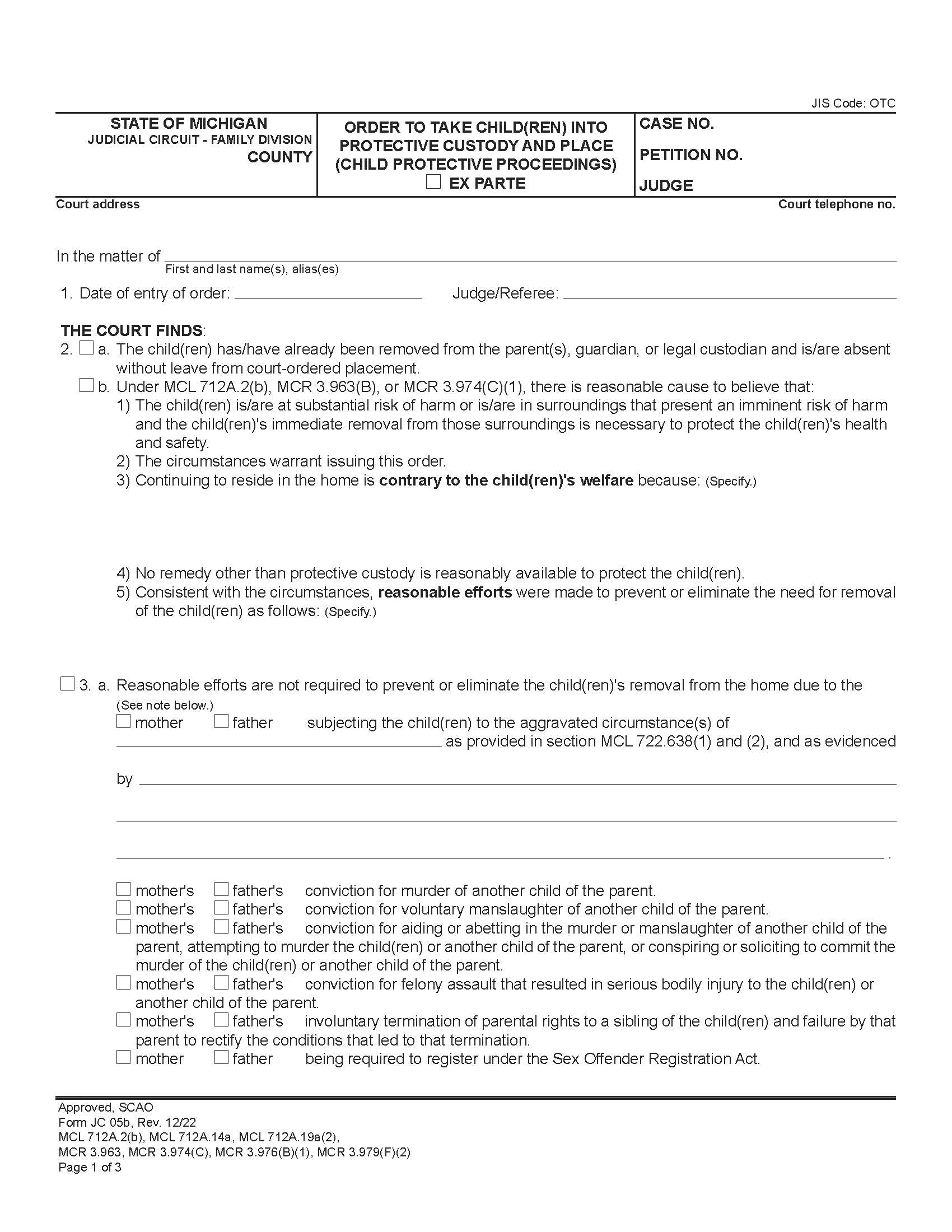Order To Take Child(ren) Into Protective Custody (Child Protective Proceedings) {JC 05b} | Pdf Fpdf Doc Docx | Michigan