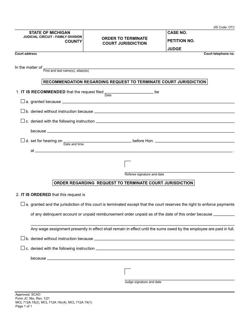 Order To Terminate Court Jurisdiction {JC 36o} | Pdf Fpdf Docx | Michigan
