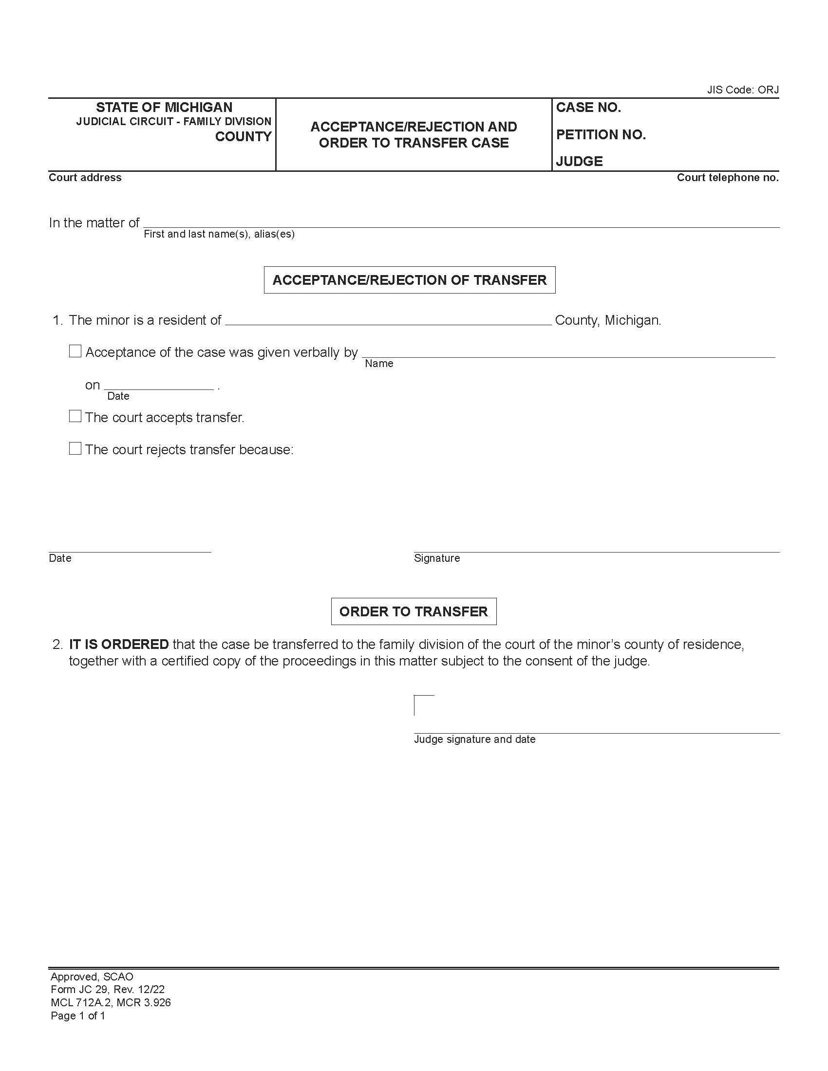 Order To Transfer Case {JC 29} | Pdf Fpdf Doc Docx | Michigan