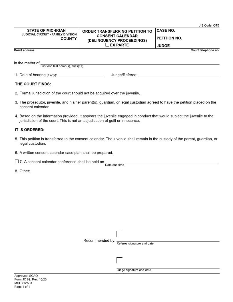 Order Transferring Petition From Formal Calendar To Consent Calendar (Delinquency) {JC 89} | Pdf Fpdf Doc Docx | Michigan