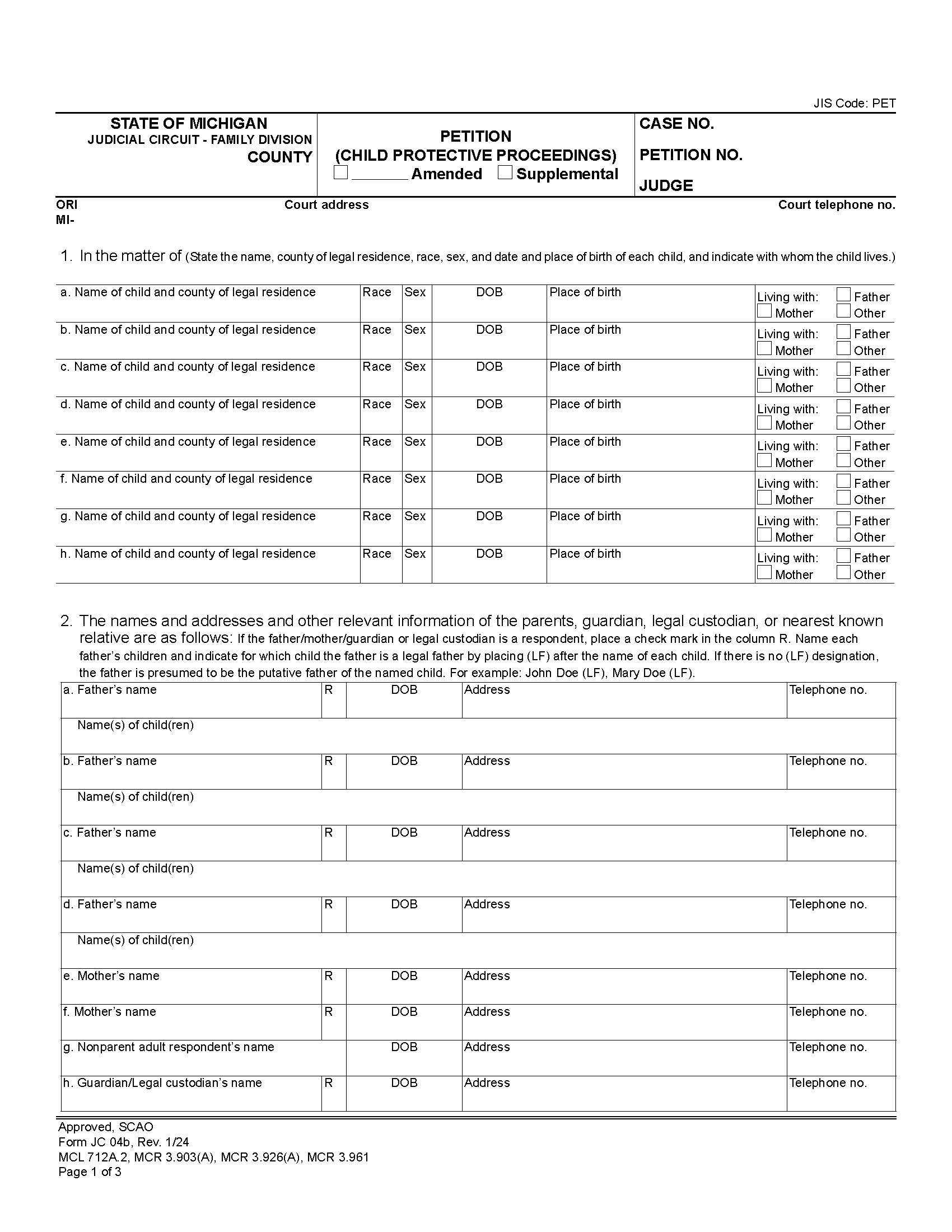 Petition (Child Protective Proceedings) {JC 04b} | Pdf Fpdf Docx | Michigan
