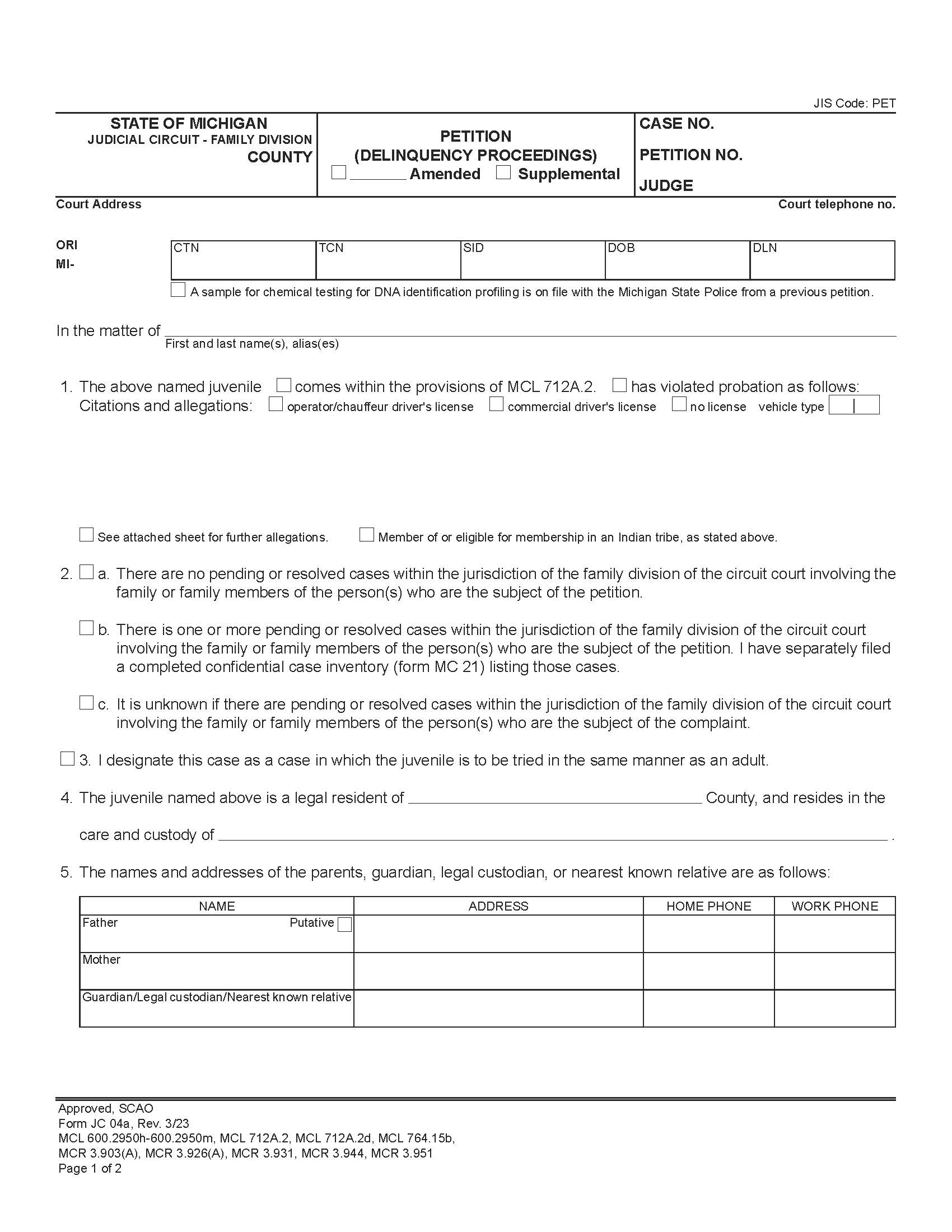 Petition (Delinquency Proceedings) {JC 04a} | Pdf Fpdf Docx | Michigan