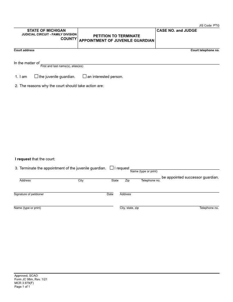 Petition To Terminate Appointment Of Juvenile Guardian {JC 98m} | Pdf Fpdf Docx | Michigan