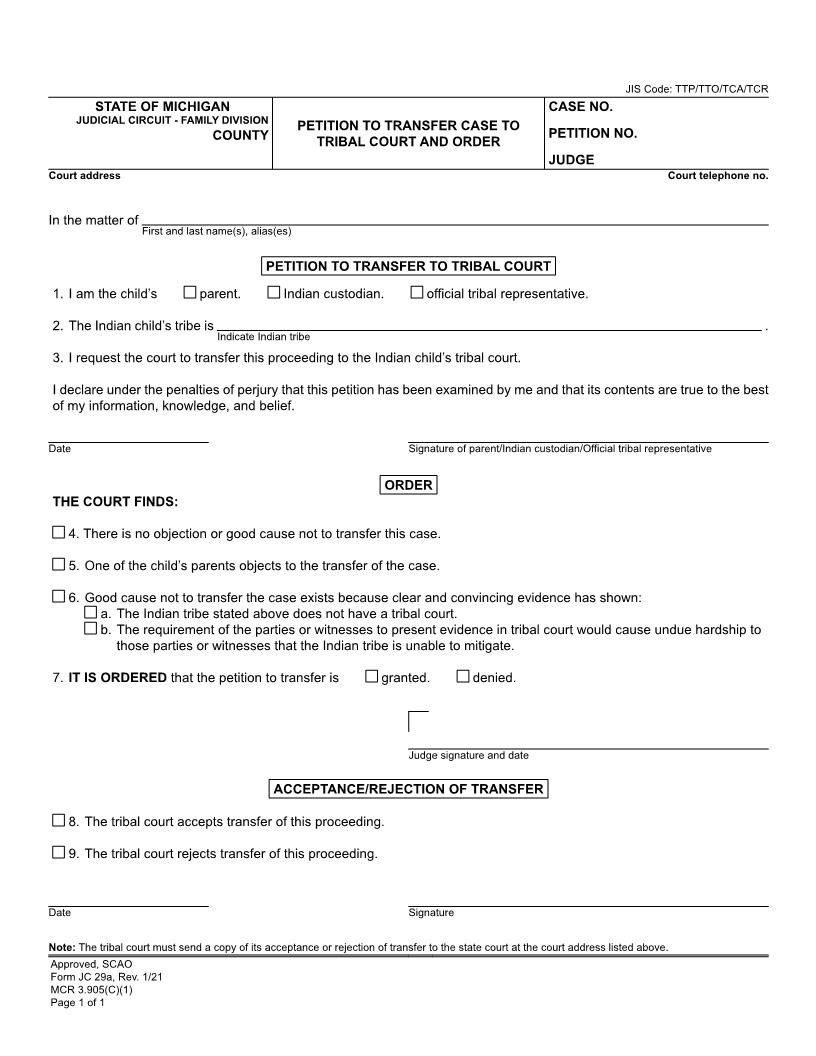 Petition To Transfer Case To Tribal Court And Order {JC 29a} | Pdf Fpdf Docx | Michigan