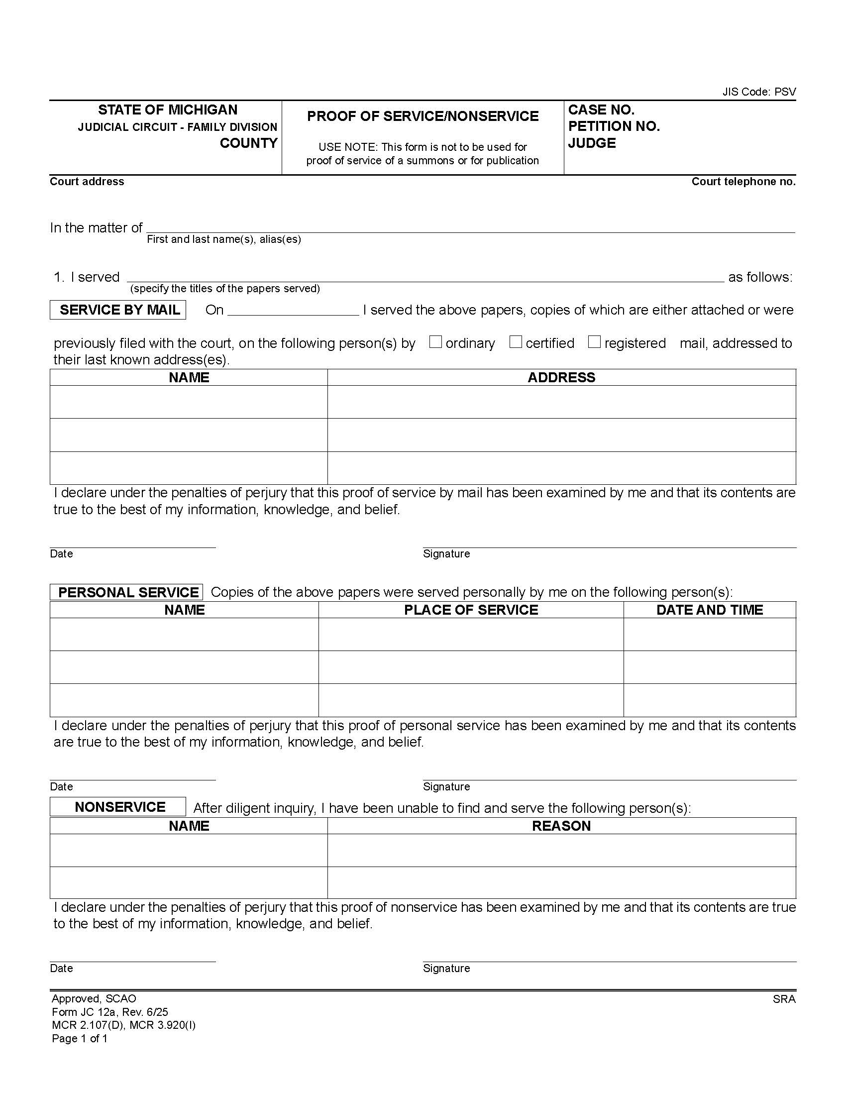 Proof Of Service Or Non Service {JC 12a} | Pdf Fpdf Doc Docx | Michigan
