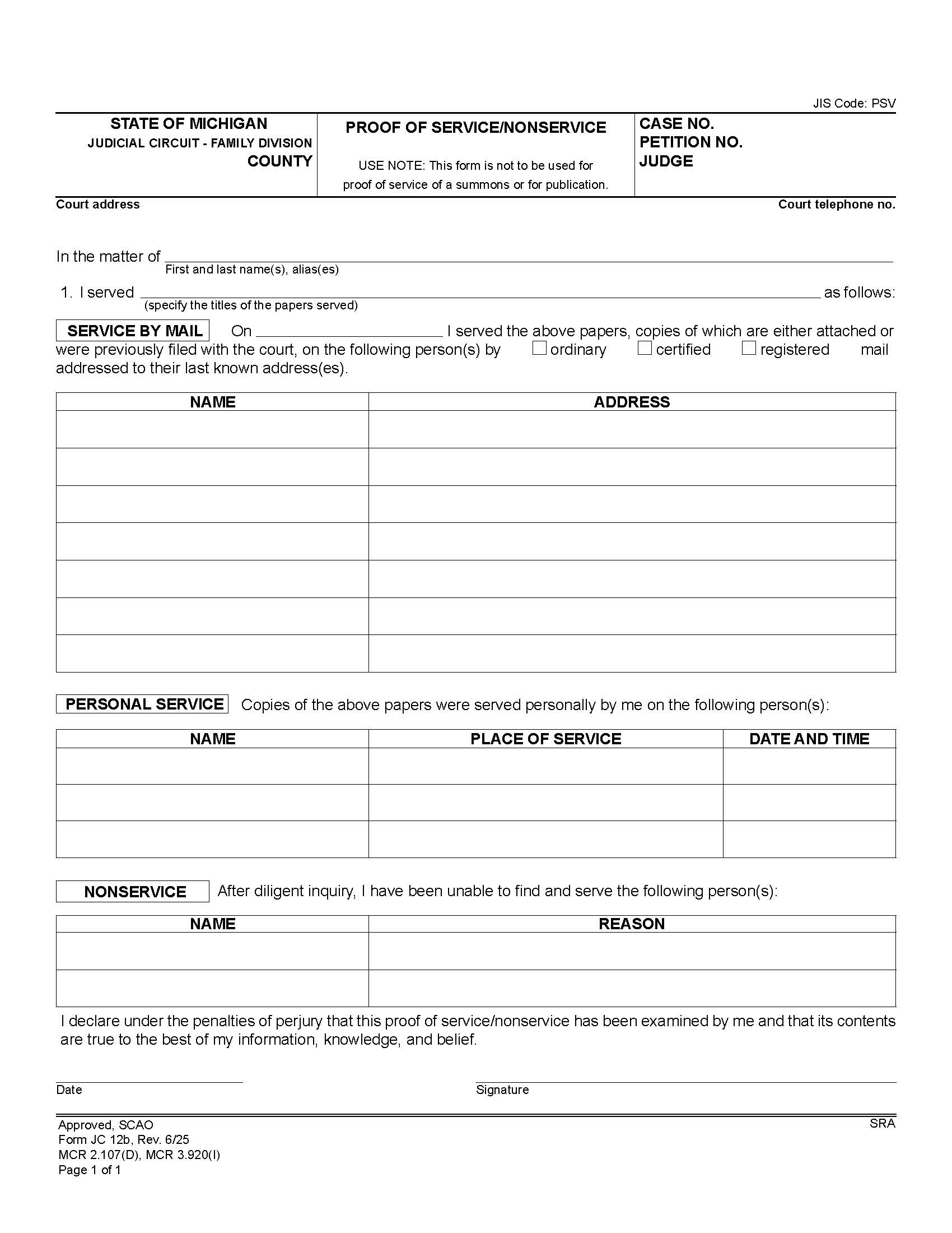 Proof Of Service Or Non Service {JC 12b} | Pdf Fpdf Doc Docx | Michigan