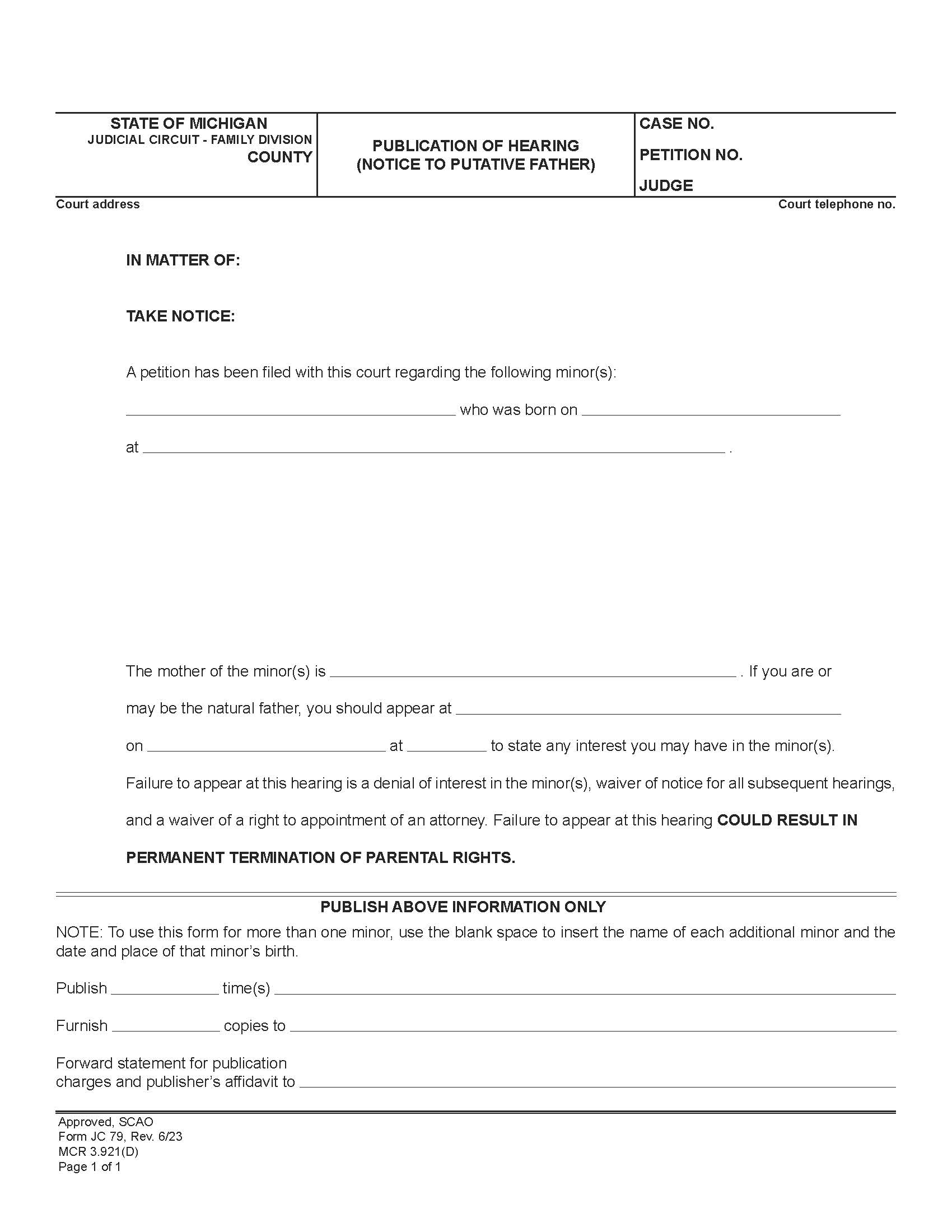 Publication Of Hearing (Notice To Putative Father) {JC 79} | Pdf Fpdf Doc Docx | Michigan