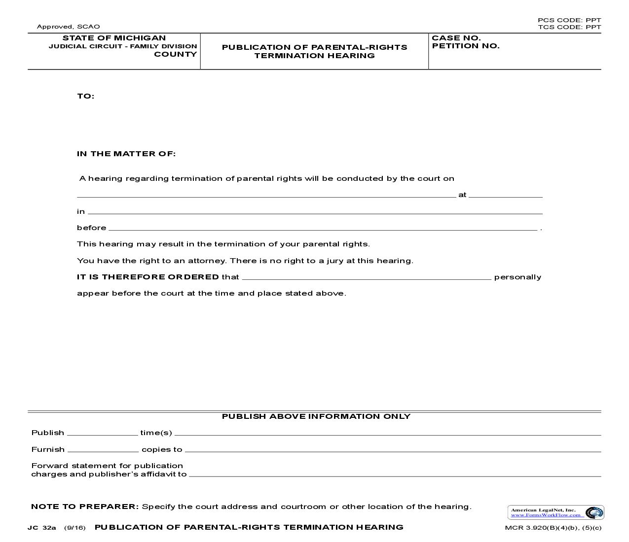 Publication Of Parental Rights Termination Hearing {JC 32a} | Pdf Fpdf Doc Docx | Michigan