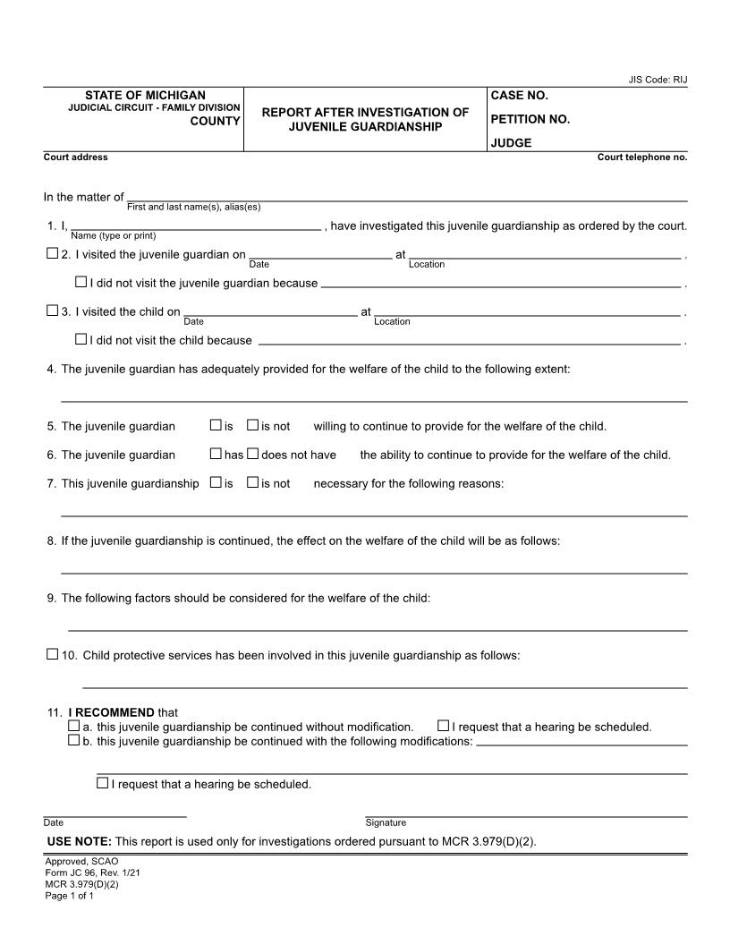 Report After Investigation Of Juvenile Guardianship {JC 96} | Pdf Fpdf Doc Docx | Michigan