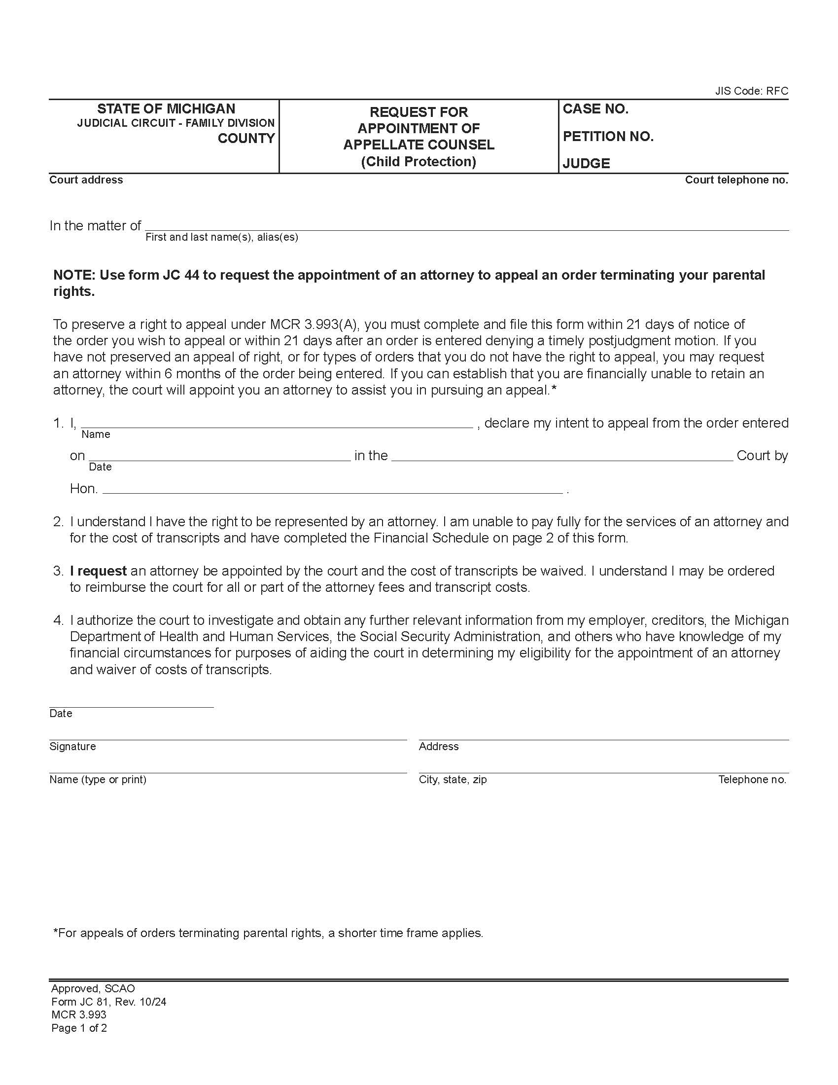 Request And Order For Court Appointed Appellate Counsel {JC 81} | Pdf Fpdf Doc Docx | Michigan