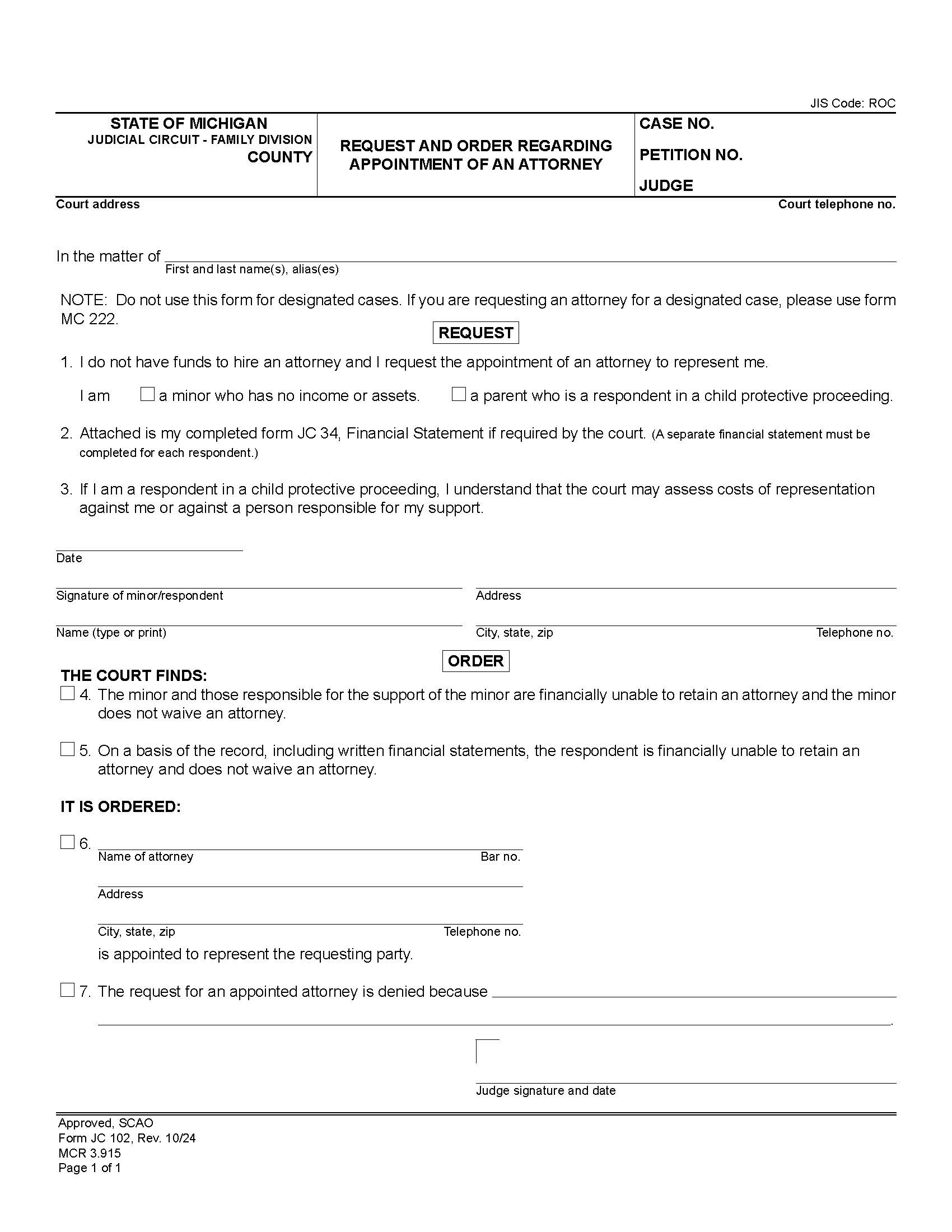 Request And Order For Court Appointed Attorney {JC 102} | Pdf Fpdf Doc Docx | Michigan