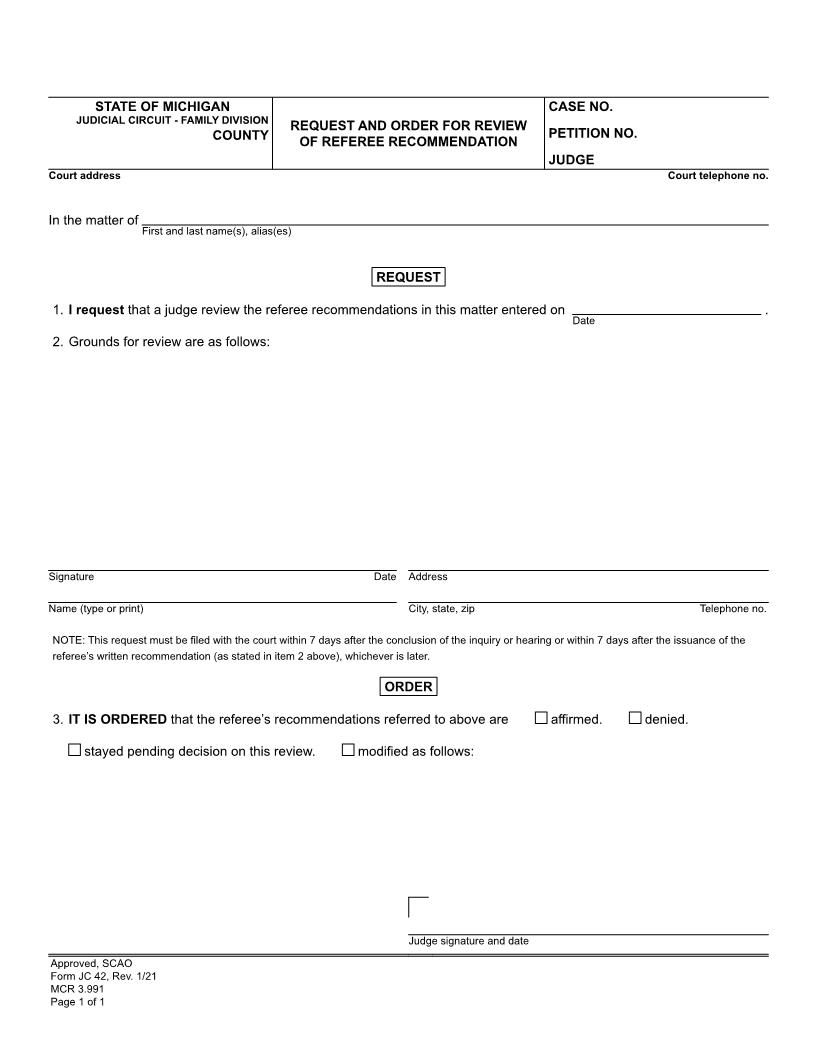 Request And Order For Review Of Referee Recommendation {JC 42} | Pdf Fpdf Doc Docx | Michigan