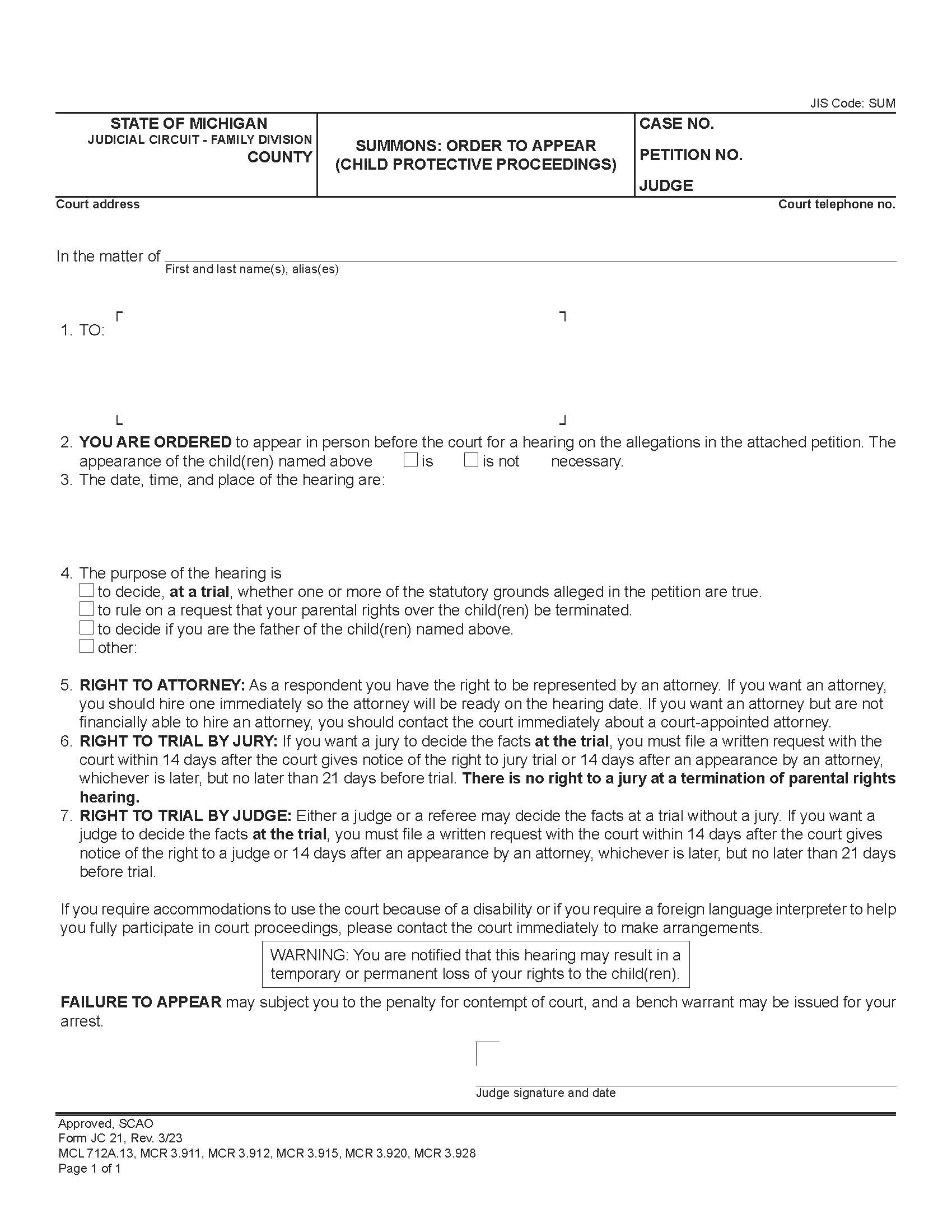 Summons Order To Appear (Child Protective Proceedings) {JC 21} | Pdf Fpdf Doc Docx | Michigan
