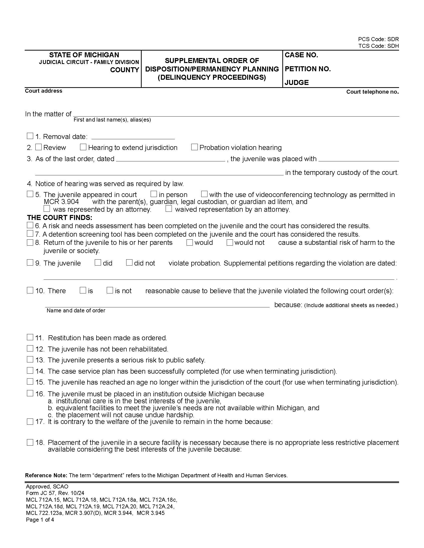 Supplemental Order Of Disposition (Delinquency Proceedings) {JC 57} | Pdf Fpdf Docx | Michigan