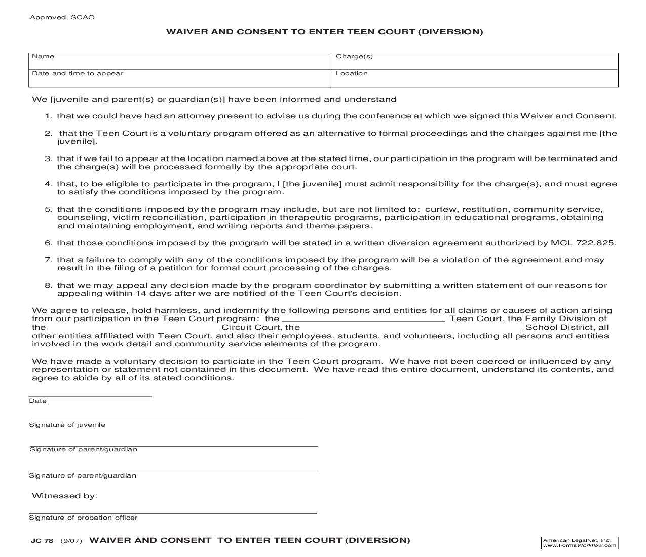Waiver And Consent To Enter Teen Court (Diversion) {JC 78} | Pdf Fpdf Doc Docx | Michigan