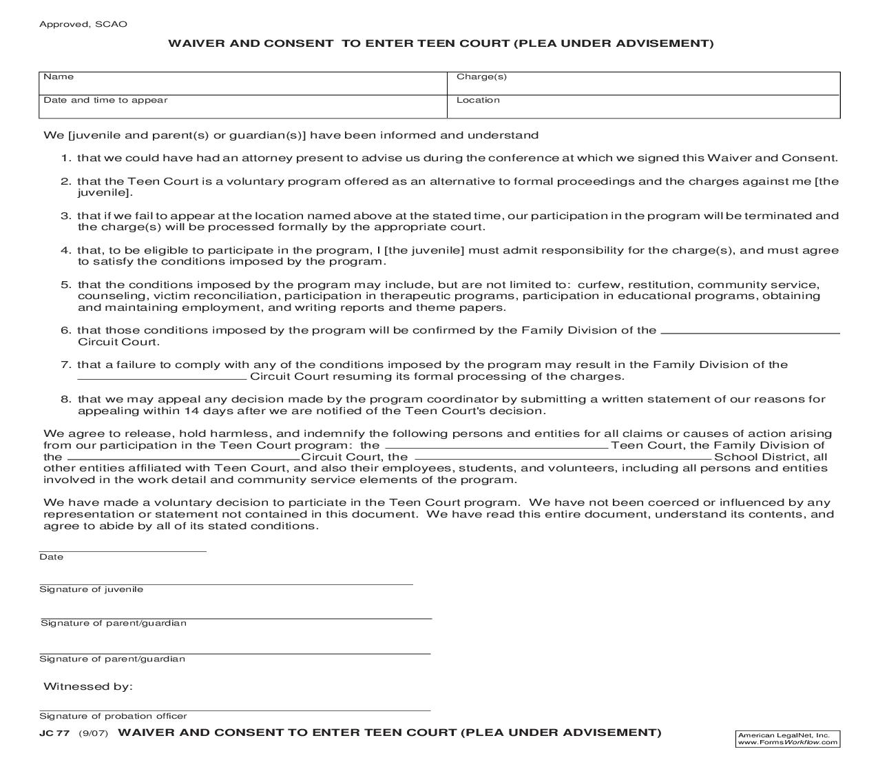 Waiver And Consent To Enter Teen Court (Plea Under Advisement) {JC 77} | Pdf Fpdf Doc Docx | Michigan