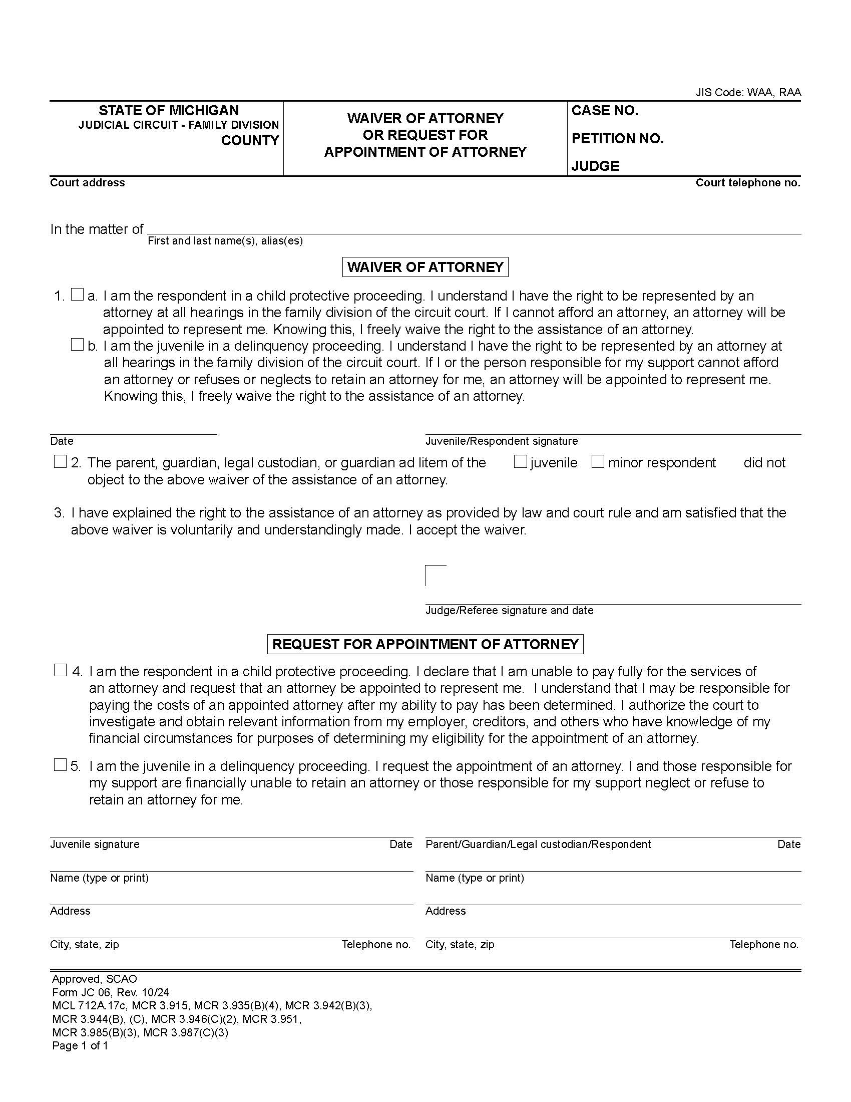 Waiver Of Attorney Or Request For Appointment Of Attorney {JC 06} | Pdf Fpdf Doc Docx | Michigan