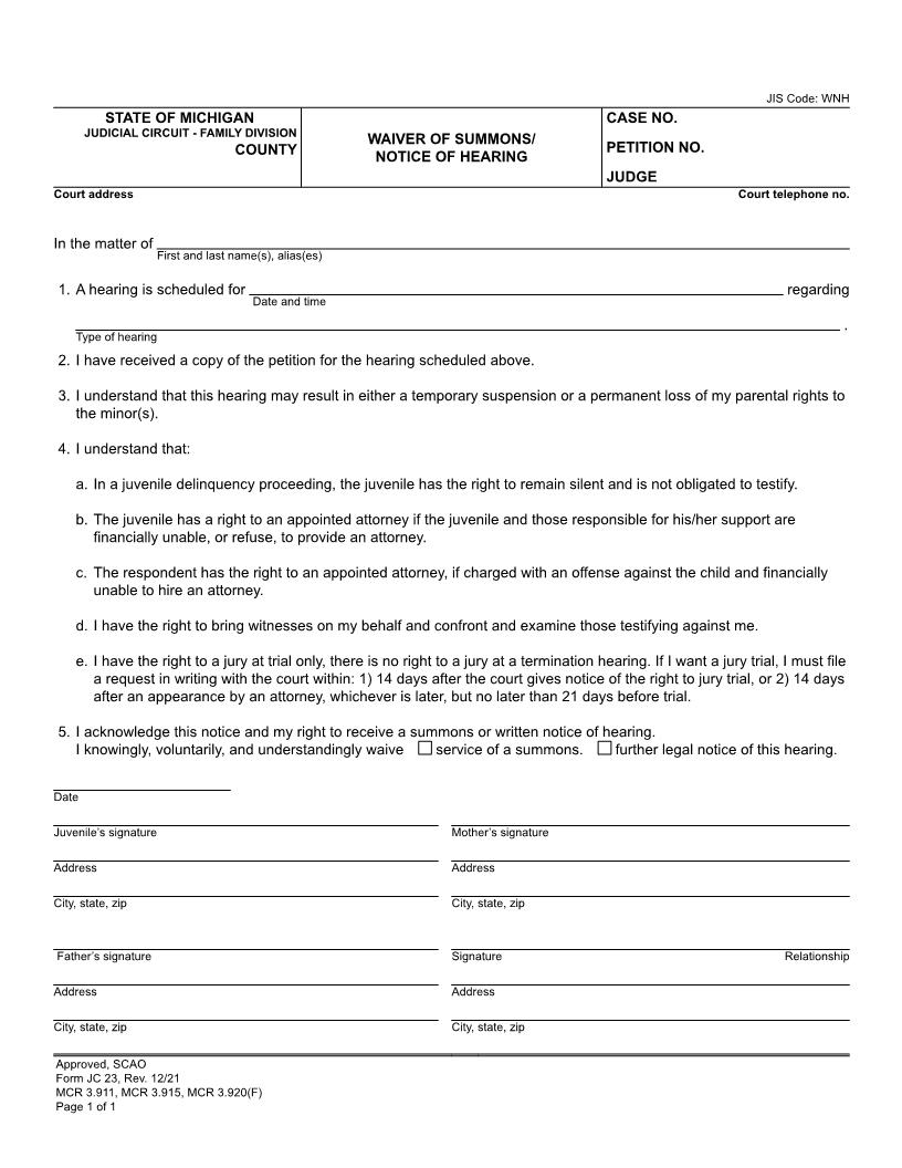 Waiver Of Summons Or Notice Of Hearing {JC 23} | Pdf Fpdf Doc Docx | Michigan