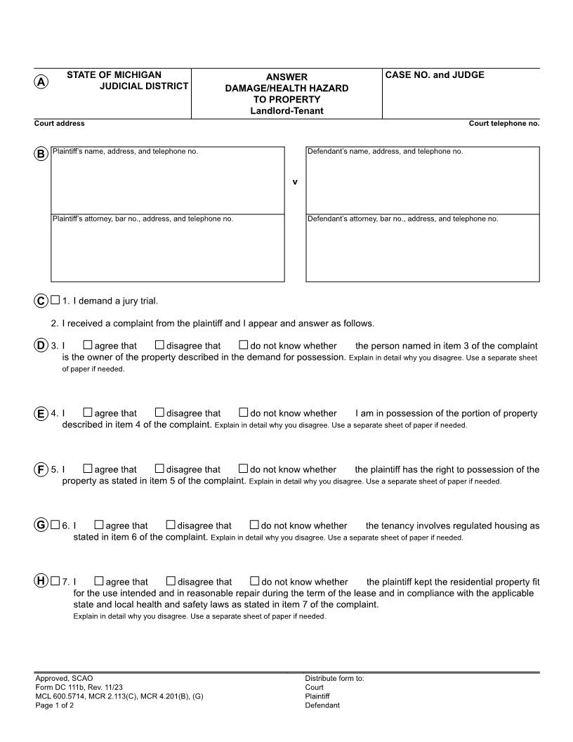 Answer Damage Or Health Hazard To Property {DC 111b} | Pdf Fpdf Docx | Michigan