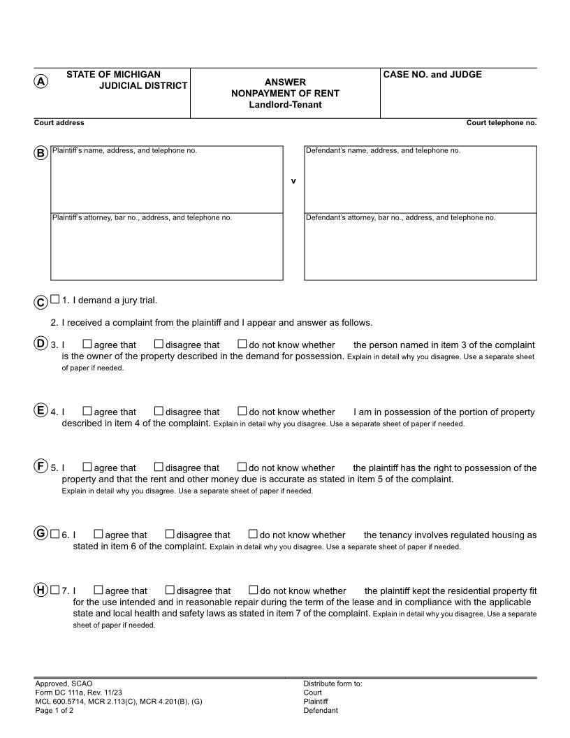 Answer Nonpayment Of Rent {DC 111a} | Pdf Fpdf Docx | Michigan