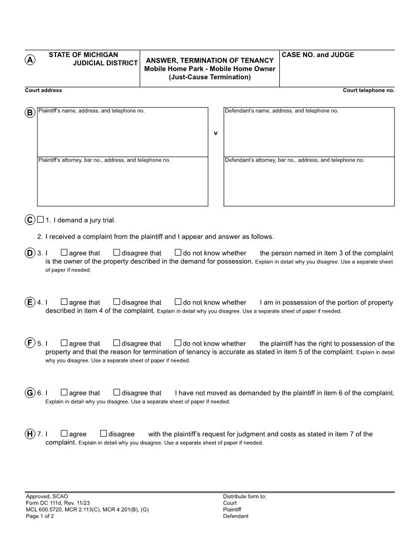 Answer Termination Of Tenancy Mobile Home Park Mobile Home Owner {DC 111d} | Pdf Fpdf Docx | Michigan