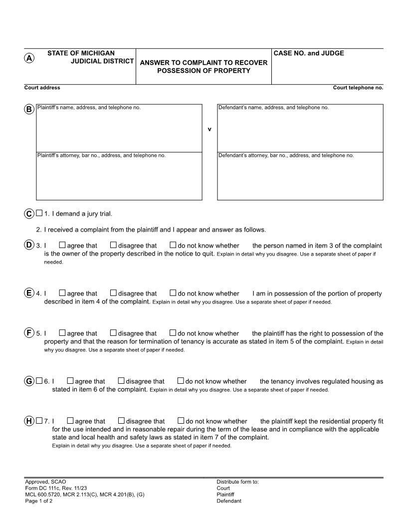 Answer To Complaint To Recover Possession Of Property {DC 111c} | Pdf Fpdf Docx | Michigan