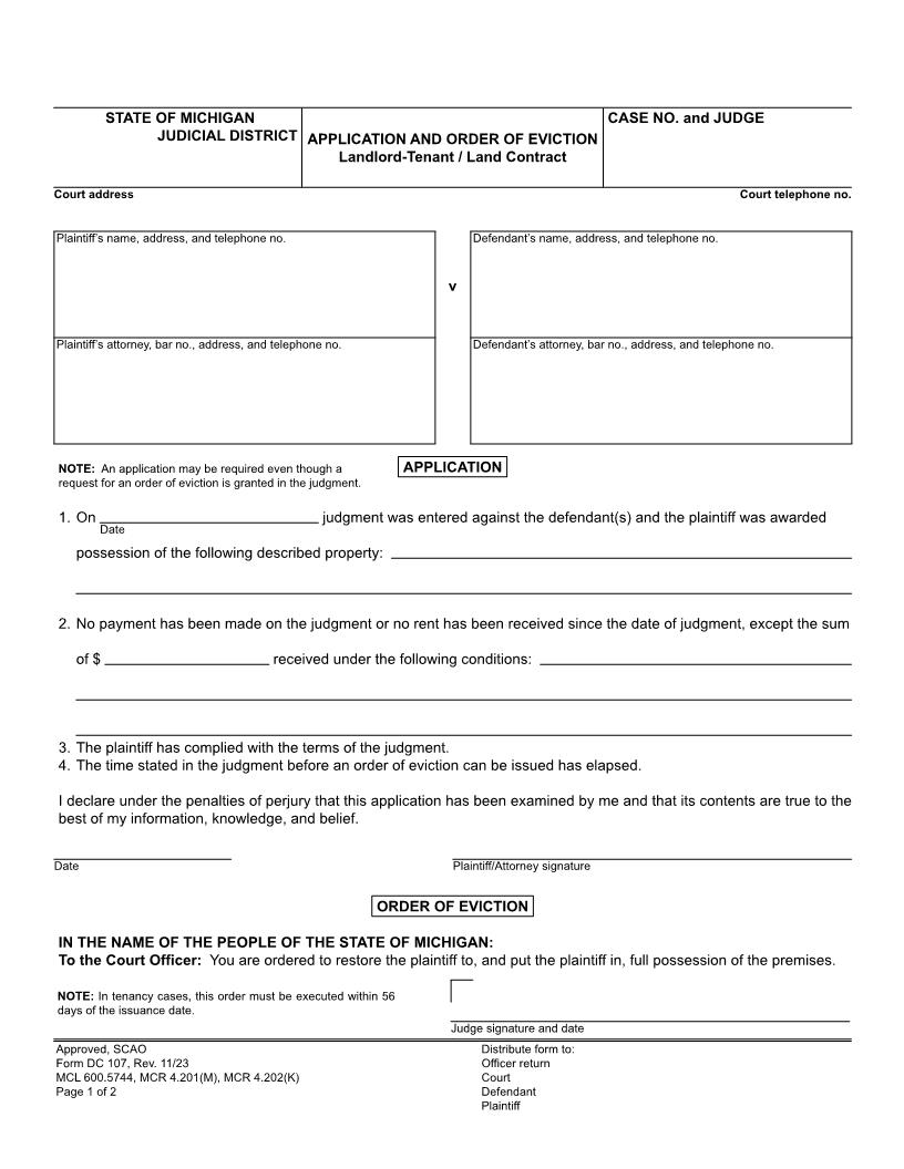 Application And Order Of Eviction {DC 107} | Pdf Fpdf Doc Docx | Michigan