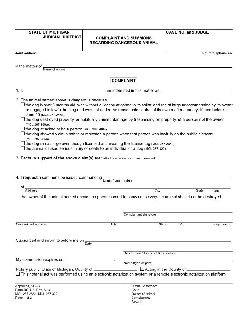 Complaint And Summons Regarding Dangerous Animal {DC 118} | Pdf Fpdf Doc Docx | Michigan