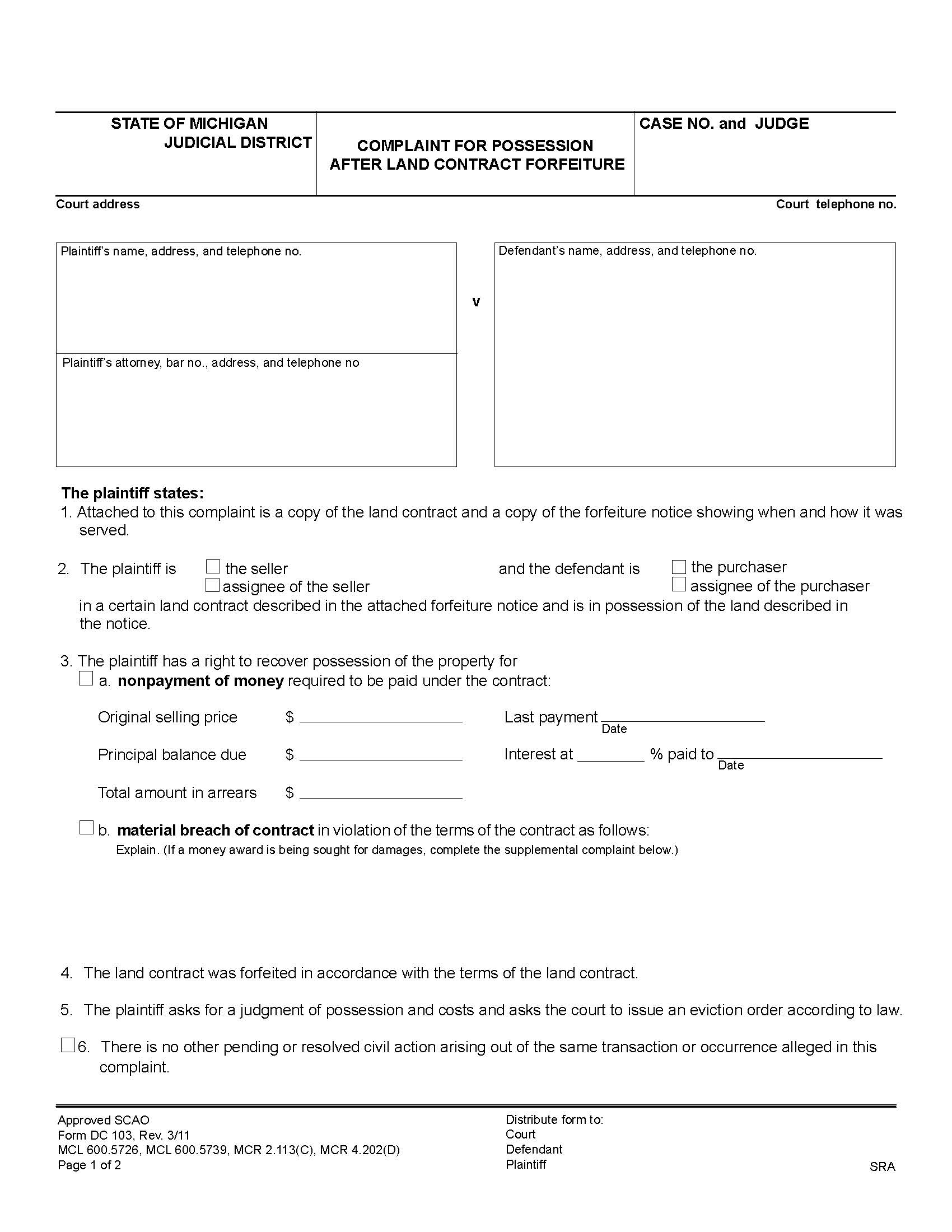 Complaint For Possession After Land Contract Forfeiture {DC 103} | Pdf Fpdf Docx | Michigan
