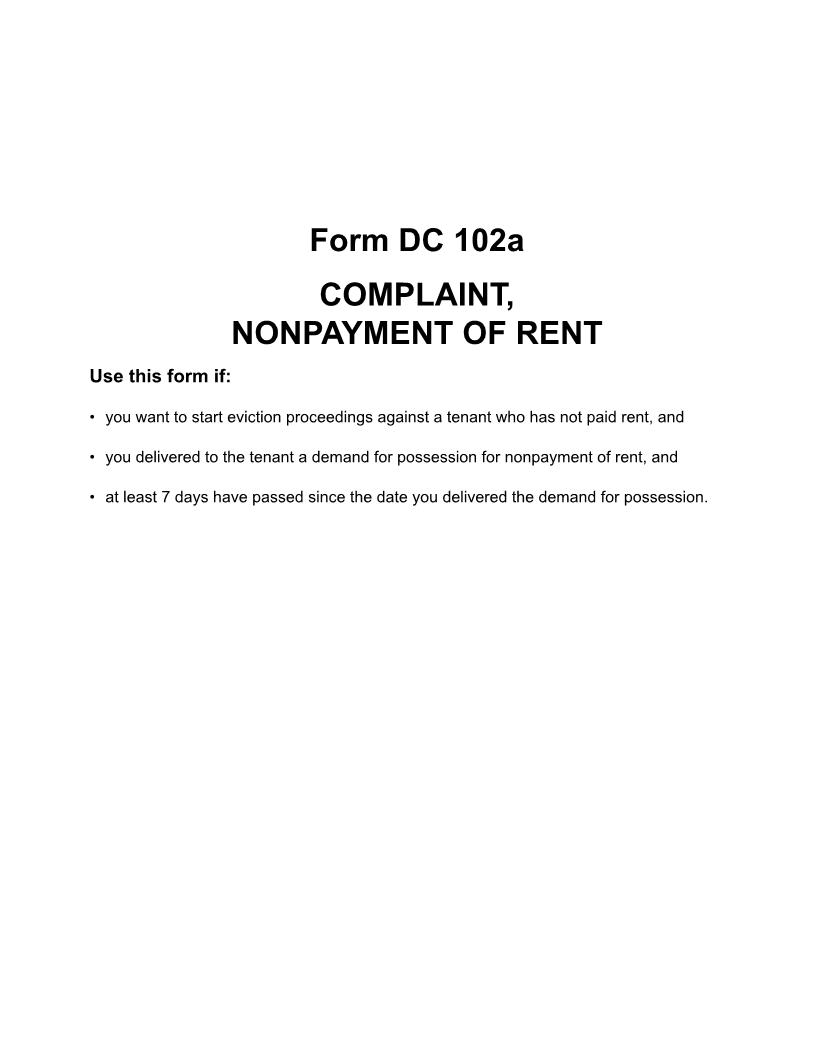 Complaint Non Payment Of Rent {DC 102a} | Pdf Fpdf Docx | Michigan