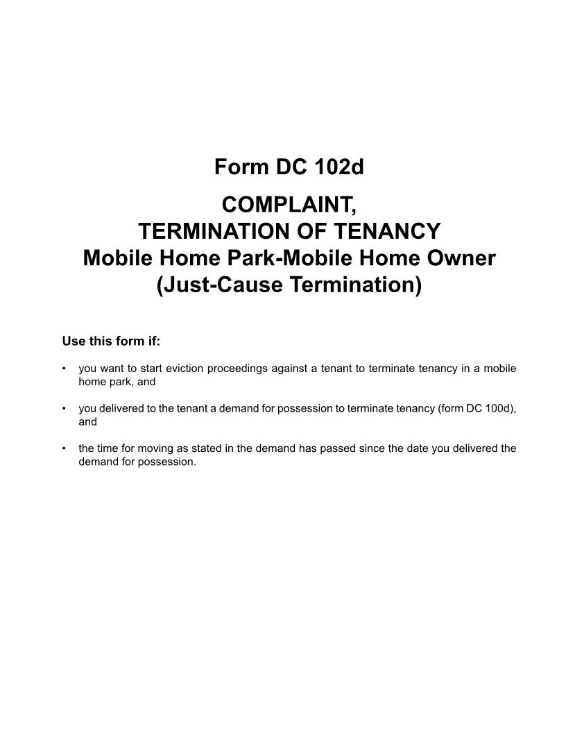 Complaint, Termination Of Tenancy, Mobile Home Park - Mobile Home Owner (Just Cause Termination) With Explanations {DC 102d} | Pdf Fpdf Doc Docx | Michigan