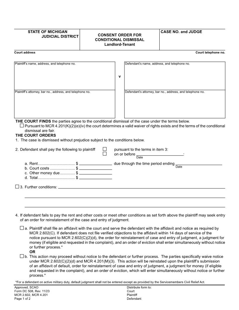 Consent Order For Conditional Dismissal Landlord Tenant {DC 508} | Pdf Fpdf Docx | Michigan