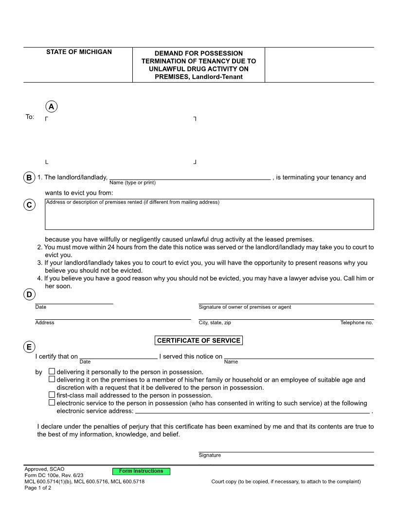 Demand For Possession - Termination Of Tenancy Due To Unlawful Drug Activity {DC 100e} | Pdf Fpdf Docx | Michigan