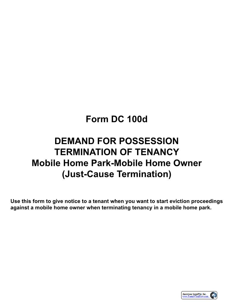 Demand For Possession Mobile Home (Just Cause) {DC 100d} | Pdf Fpdf Docx | Michigan